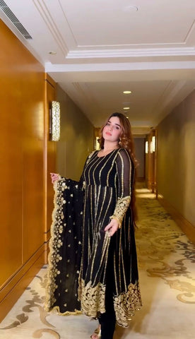 Wedding Wear Black Color Heavy Faux Georgette With Full Heavy Embroidery Sequence Work Anarkali Gown