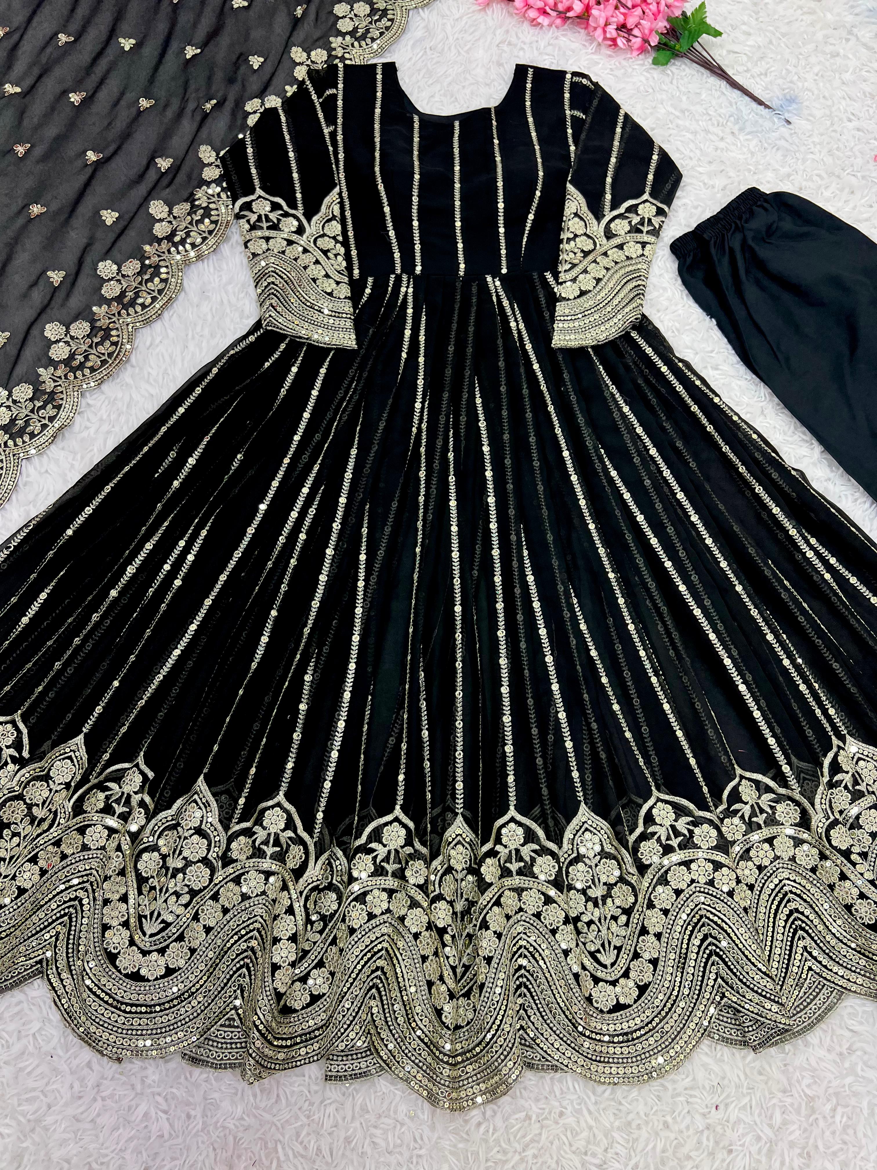 Wedding Wear Black Color Heavy Faux Georgette With Full Heavy Embroidery Sequence Work Anarkali Gown