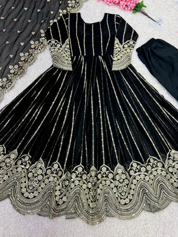 Wedding Wear Black Color Heavy Faux Georgette With Full Heavy Embroidery Sequence Work Anarkali Gown
