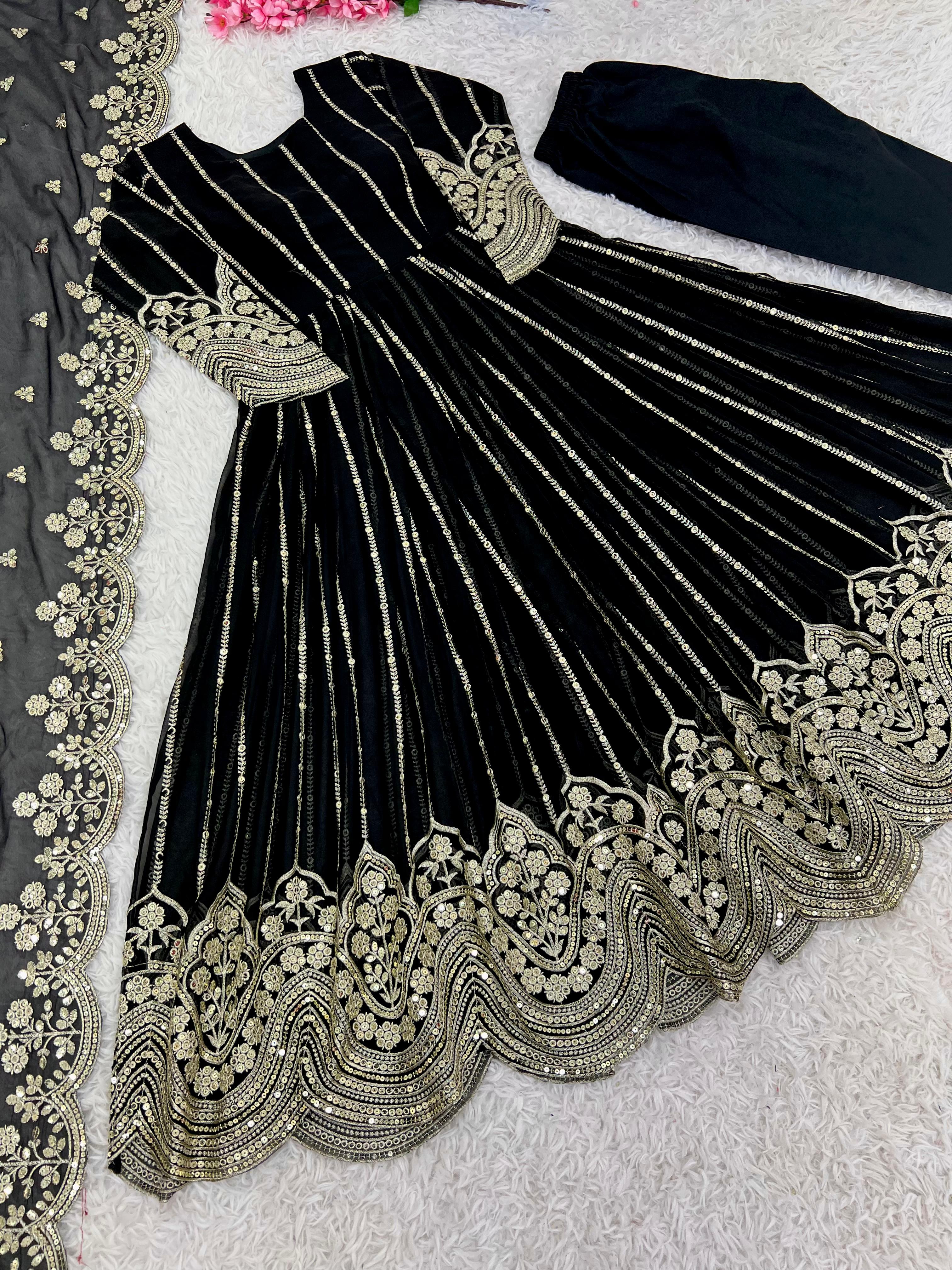 Wedding Wear Black Color Heavy Faux Georgette With Full Heavy Embroidery Sequence Work Anarkali Gown