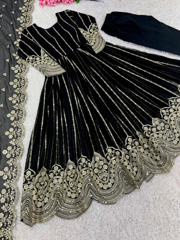 Wedding Wear Black Color Heavy Faux Georgette With Full Heavy Embroidery Sequence Work Anarkali Gown