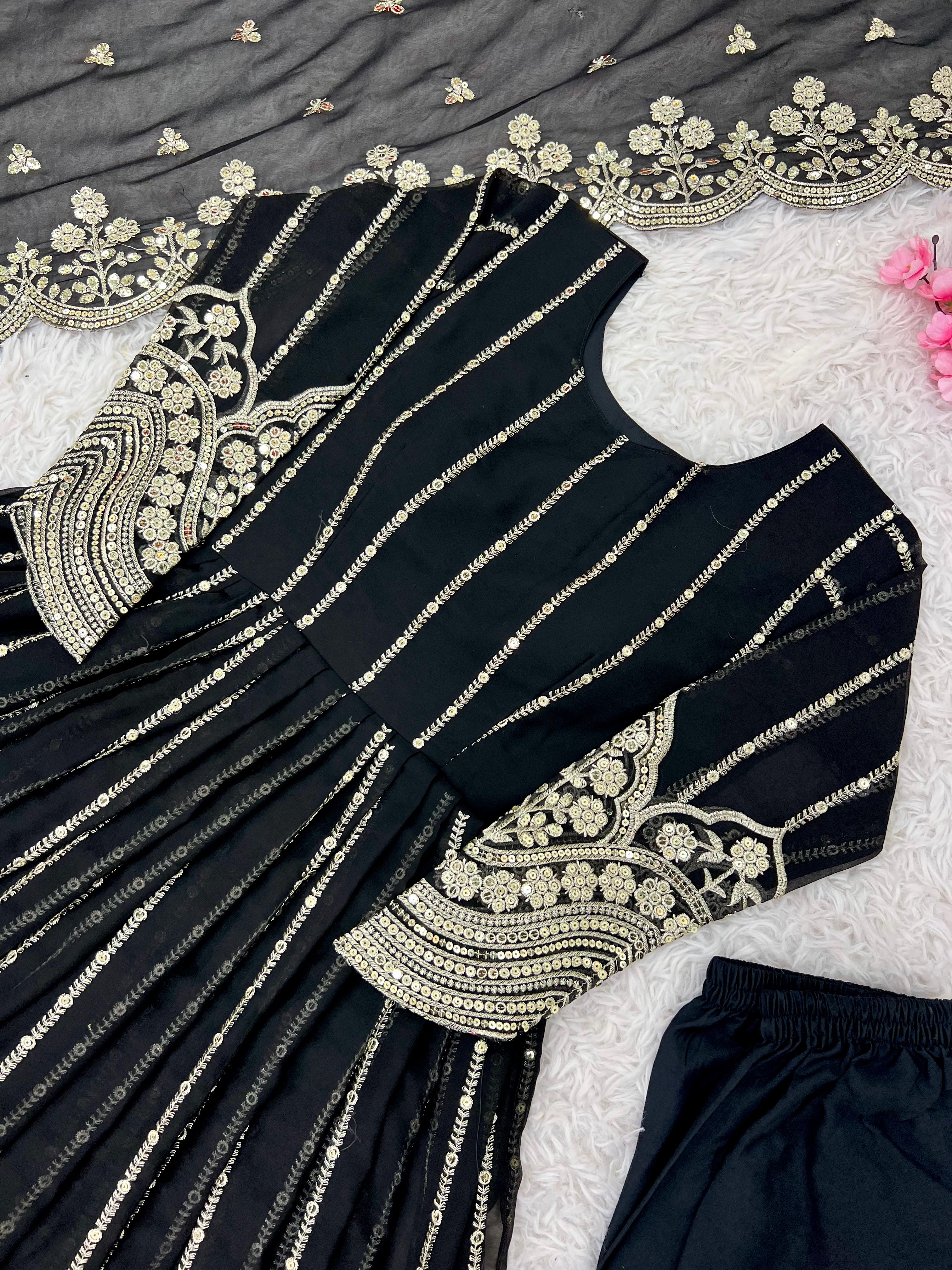 Wedding Wear Black Color Heavy Faux Georgette With Full Heavy Embroidery Sequence Work Anarkali Gown