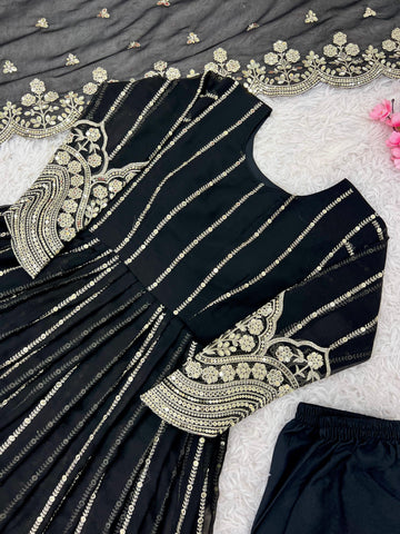 Wedding Wear Black Color Heavy Faux Georgette With Full Heavy Embroidery Sequence Work Anarkali Gown