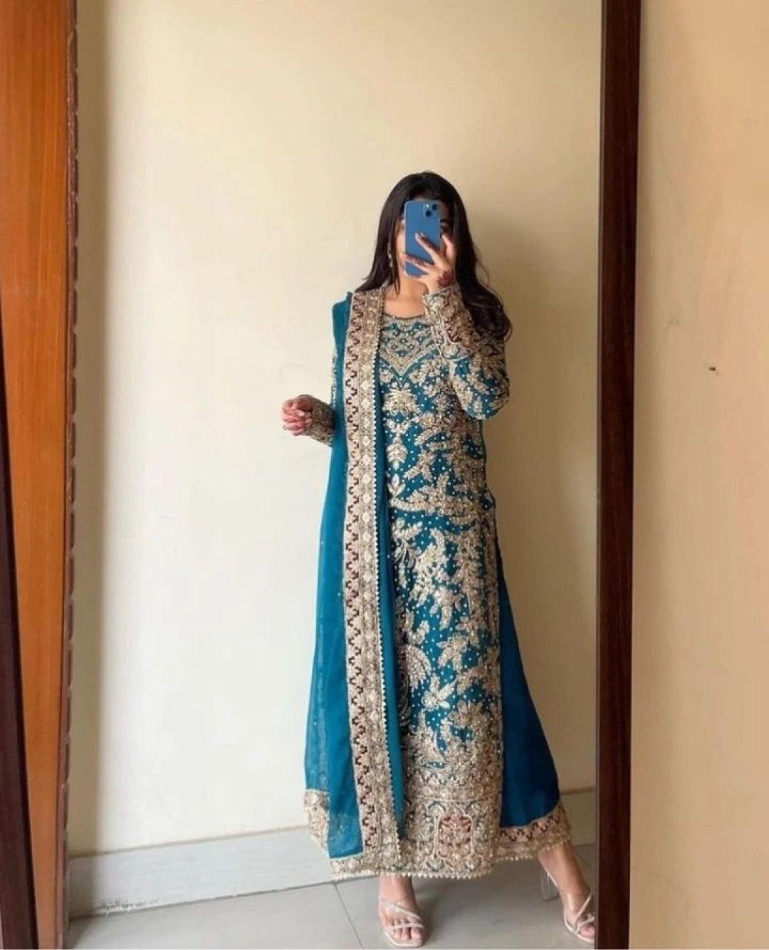 Outstanding Teal Blue Color Heavy Faux Georgette With Heavy Embroidery Work With Diamond Handwork Palazzo Suit
