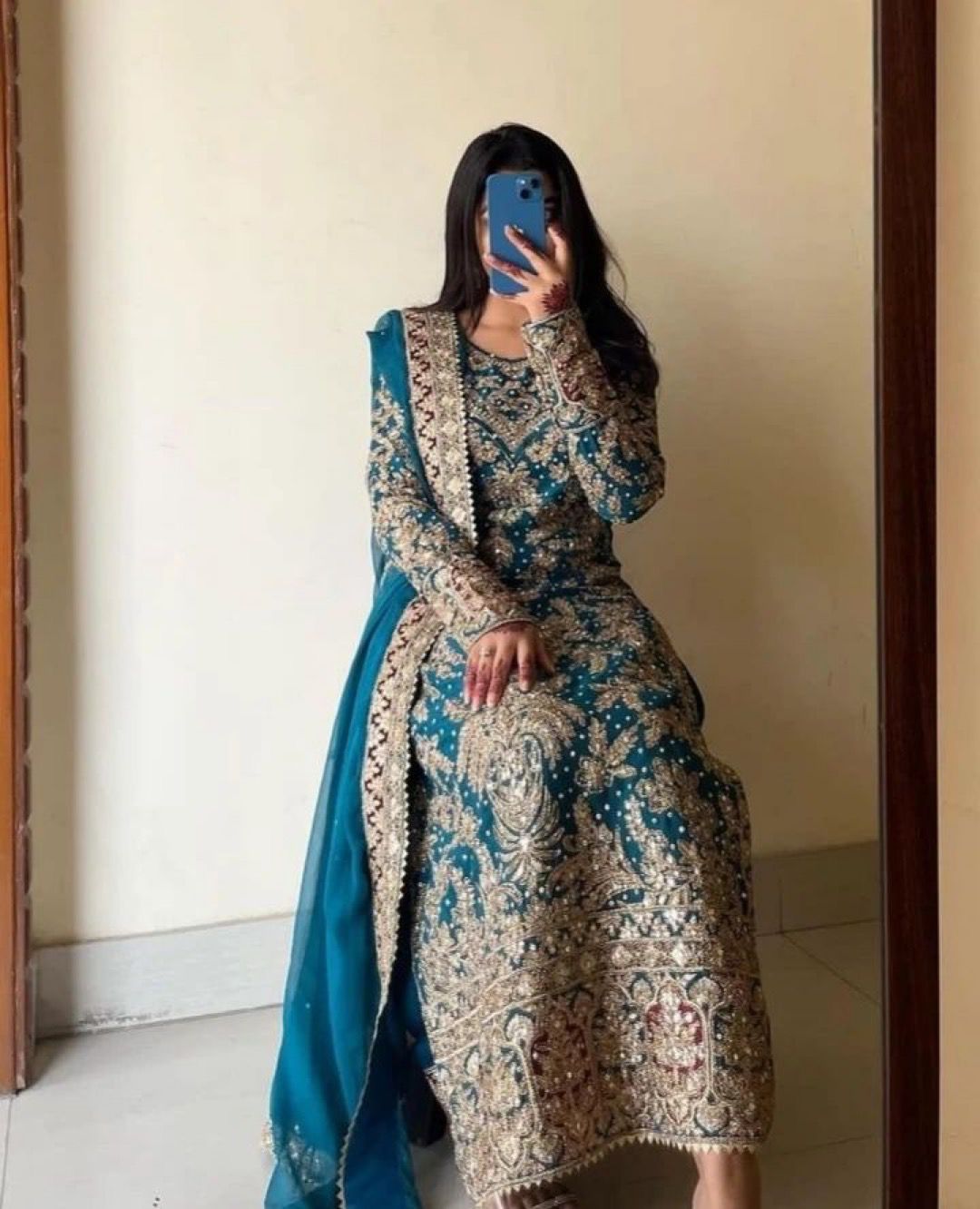 Outstanding Teal Blue Color Heavy Faux Georgette With Heavy Embroidery Work With Diamond Handwork Palazzo Suit