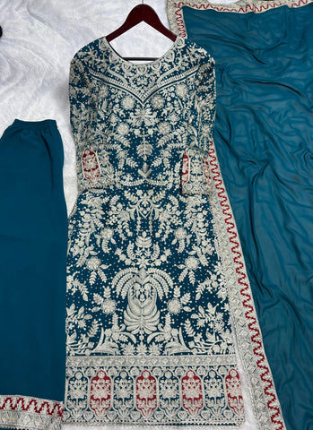 Outstanding Teal Blue Color Heavy Faux Georgette With Heavy Embroidery Work With Diamond Handwork Palazzo Suit
