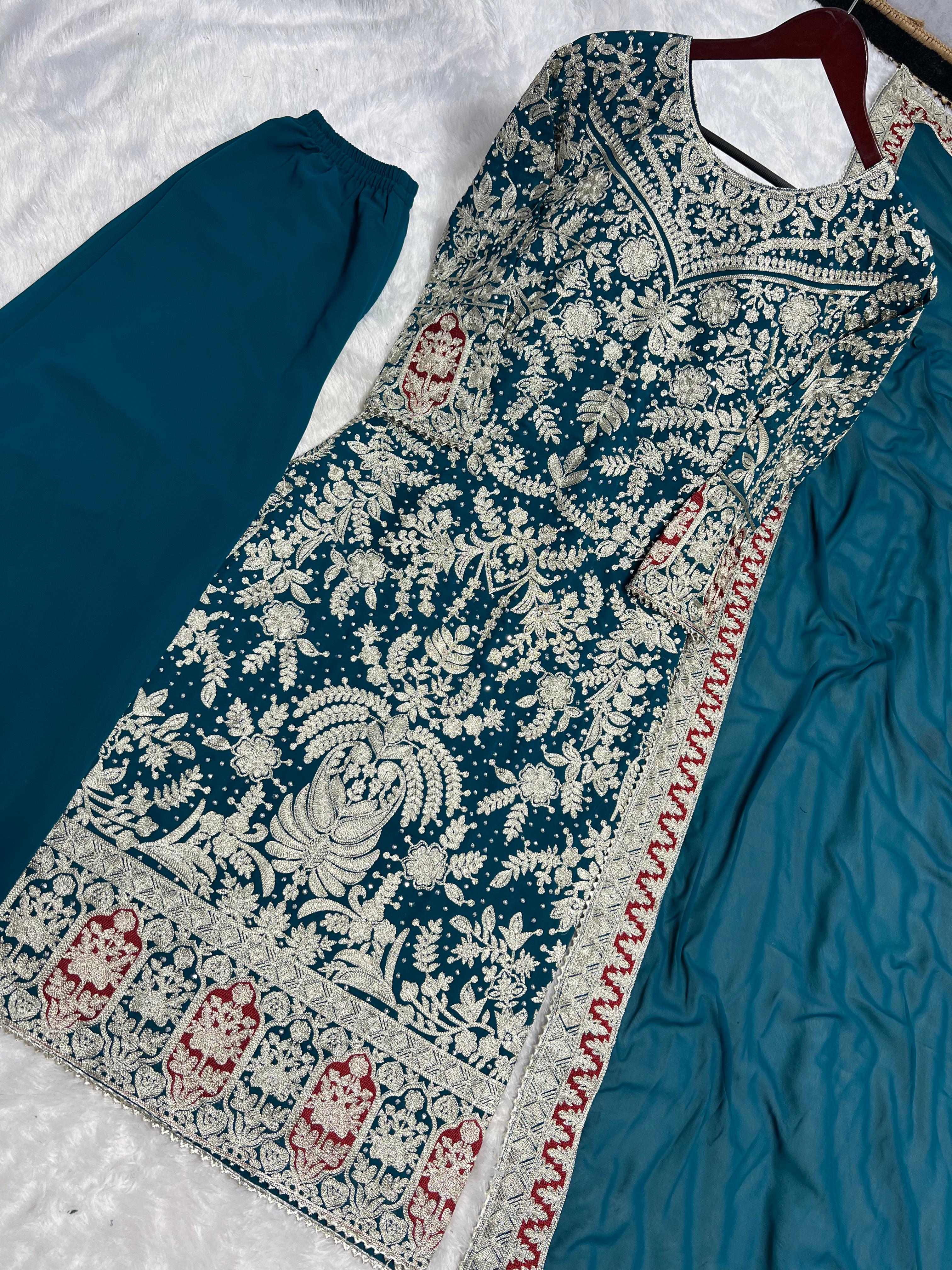 Outstanding Teal Blue Color Heavy Faux Georgette With Heavy Embroidery Work With Diamond Handwork Palazzo Suit