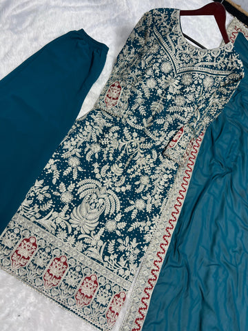 Outstanding Teal Blue Color Heavy Faux Georgette With Heavy Embroidery Work With Diamond Handwork Palazzo Suit