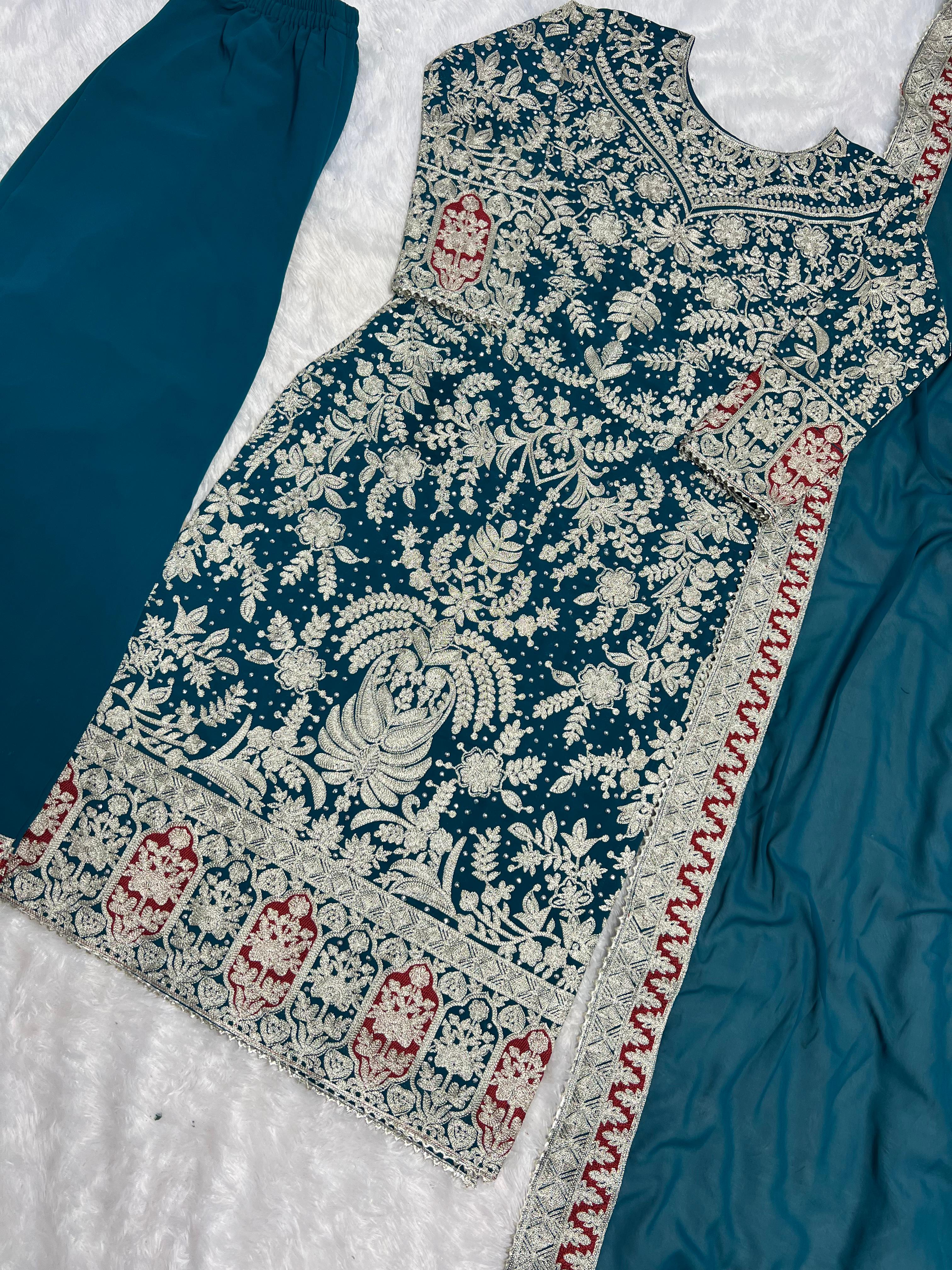 Outstanding Teal Blue Color Heavy Faux Georgette With Heavy Embroidery Work With Diamond Handwork Palazzo Suit