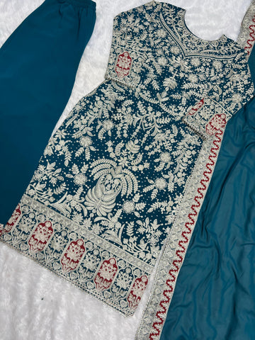 Outstanding Teal Blue Color Heavy Faux Georgette With Heavy Embroidery Work With Diamond Handwork Palazzo Suit