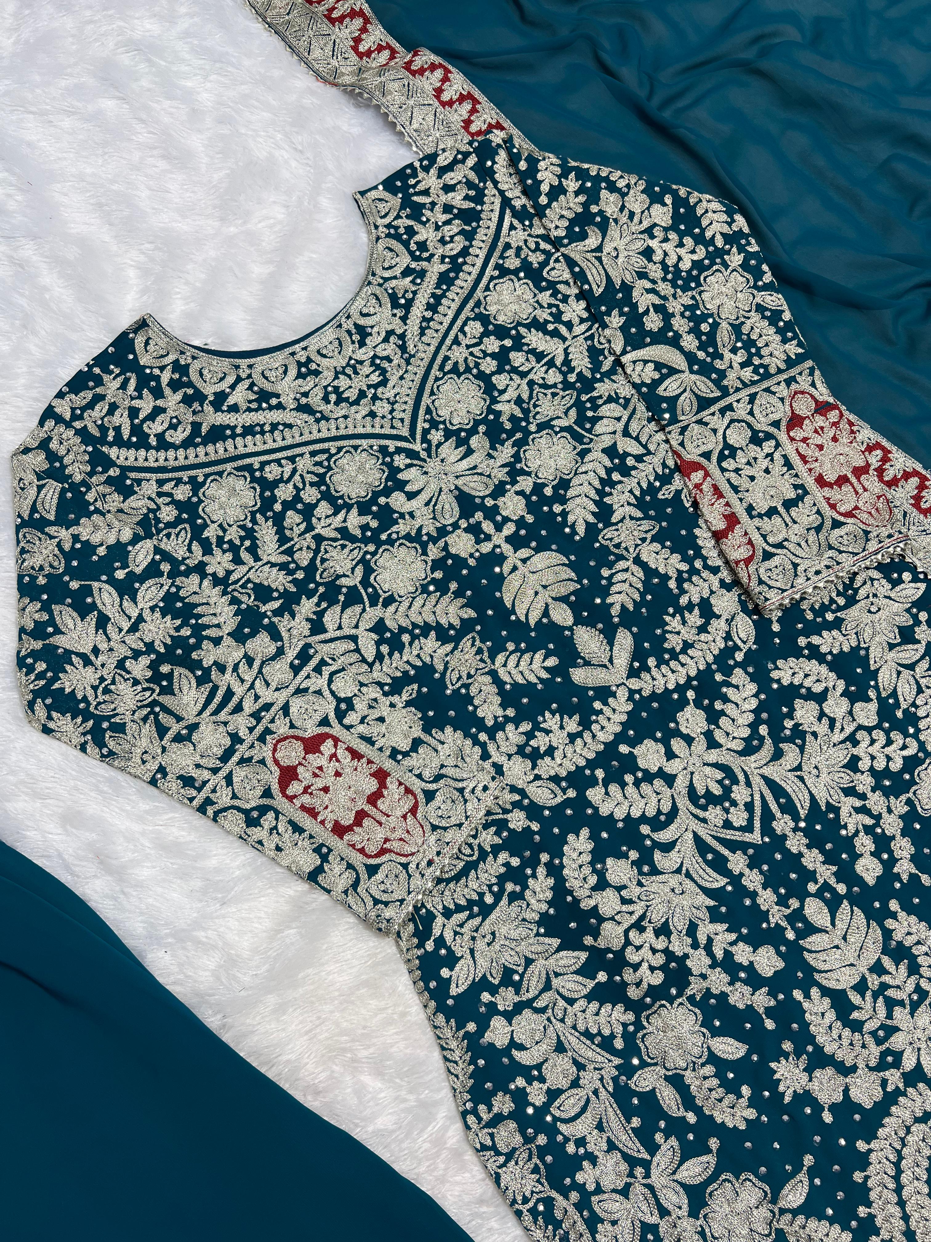 Outstanding Teal Blue Color Heavy Faux Georgette With Heavy Embroidery Work With Diamond Handwork Palazzo Suit