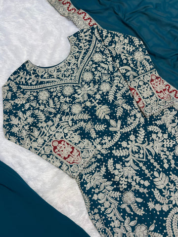 Outstanding Teal Blue Color Heavy Faux Georgette With Heavy Embroidery Work With Diamond Handwork Palazzo Suit