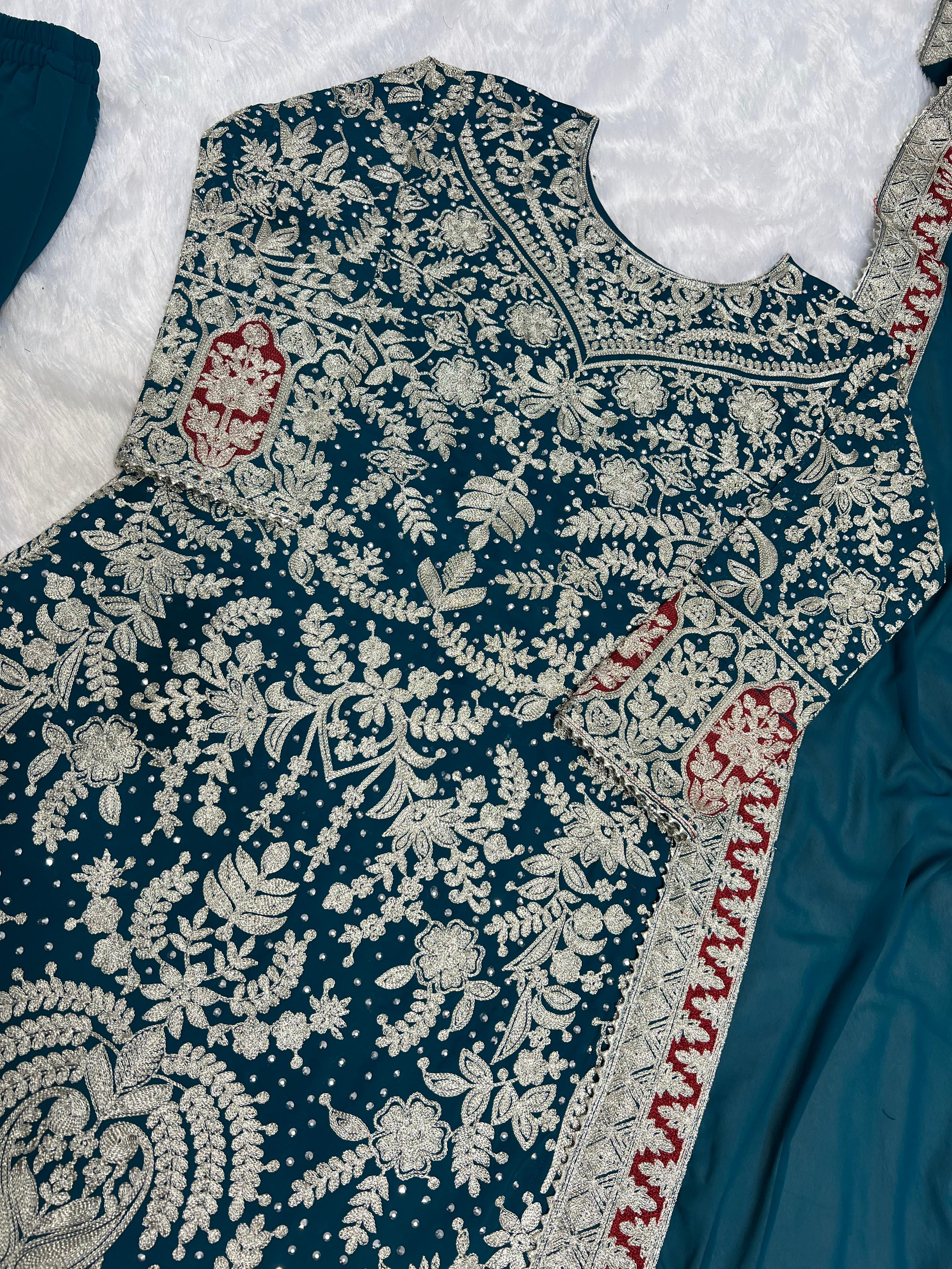 Outstanding Teal Blue Color Heavy Faux Georgette With Heavy Embroidery Work With Diamond Handwork Palazzo Suit