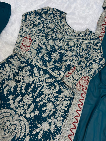 Outstanding Teal Blue Color Heavy Faux Georgette With Heavy Embroidery Work With Diamond Handwork Palazzo Suit