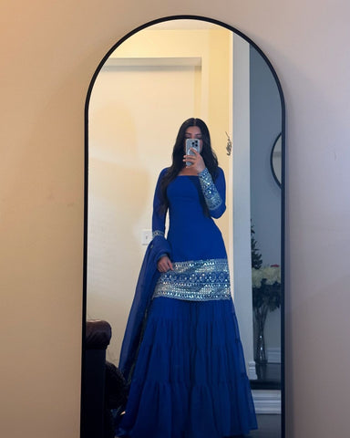 Stunning Blue Color Faux Georgette Thread With 9mm Sequence Work Beautiful Sharara Suit