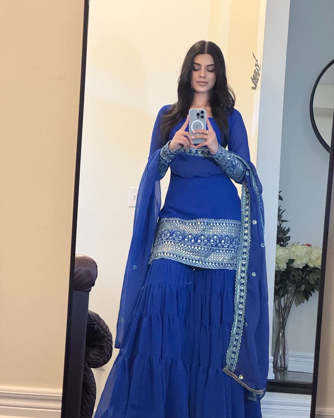 Stunning Blue Color Faux Georgette Thread With 9mm Sequence Work Beautiful Sharara Suit