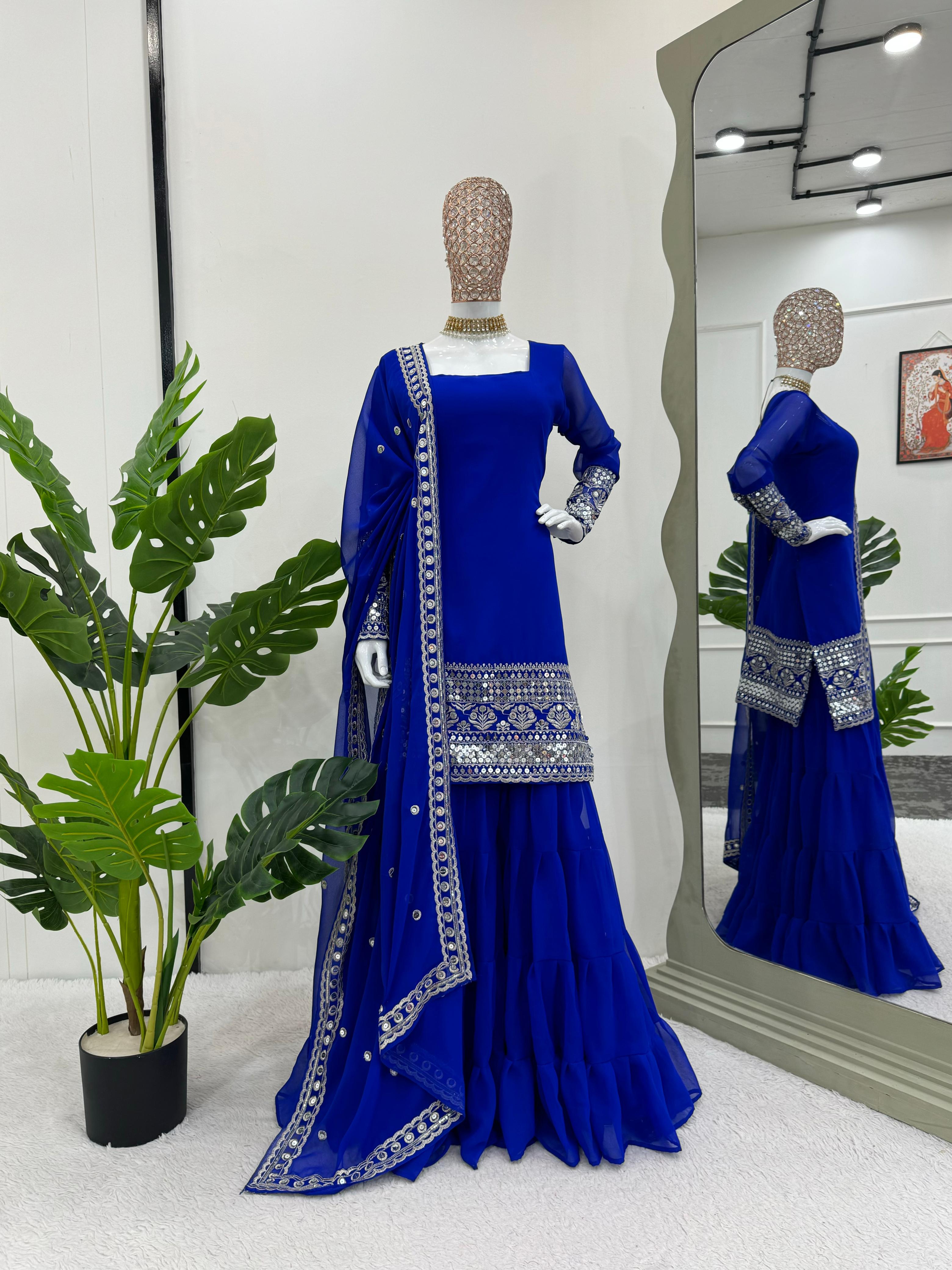 Stunning Blue Color Faux Georgette Thread With 9mm Sequence Work Beautiful Sharara Suit
