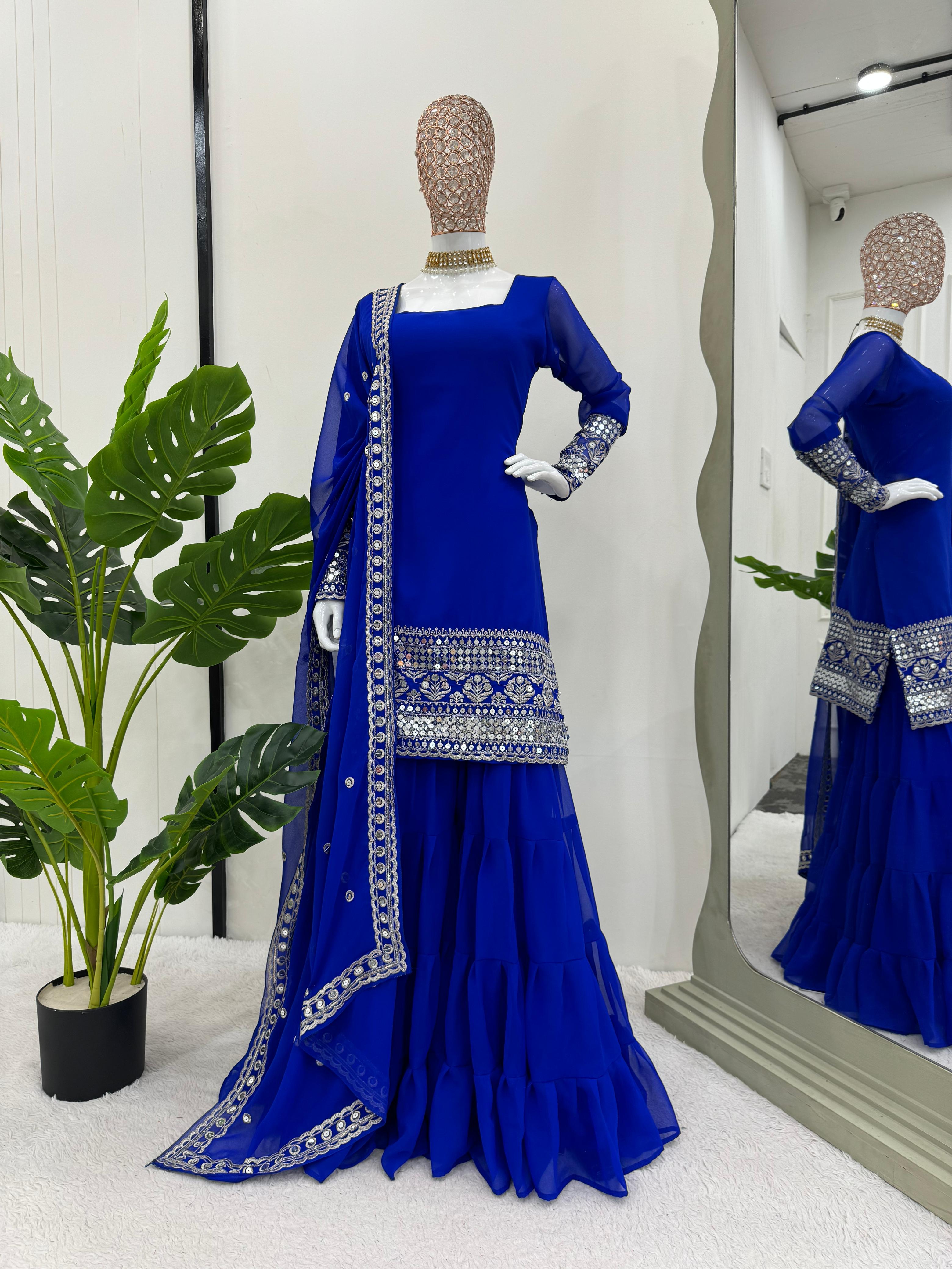 Stunning Blue Color Faux Georgette Thread With 9mm Sequence Work Beautiful Sharara Suit