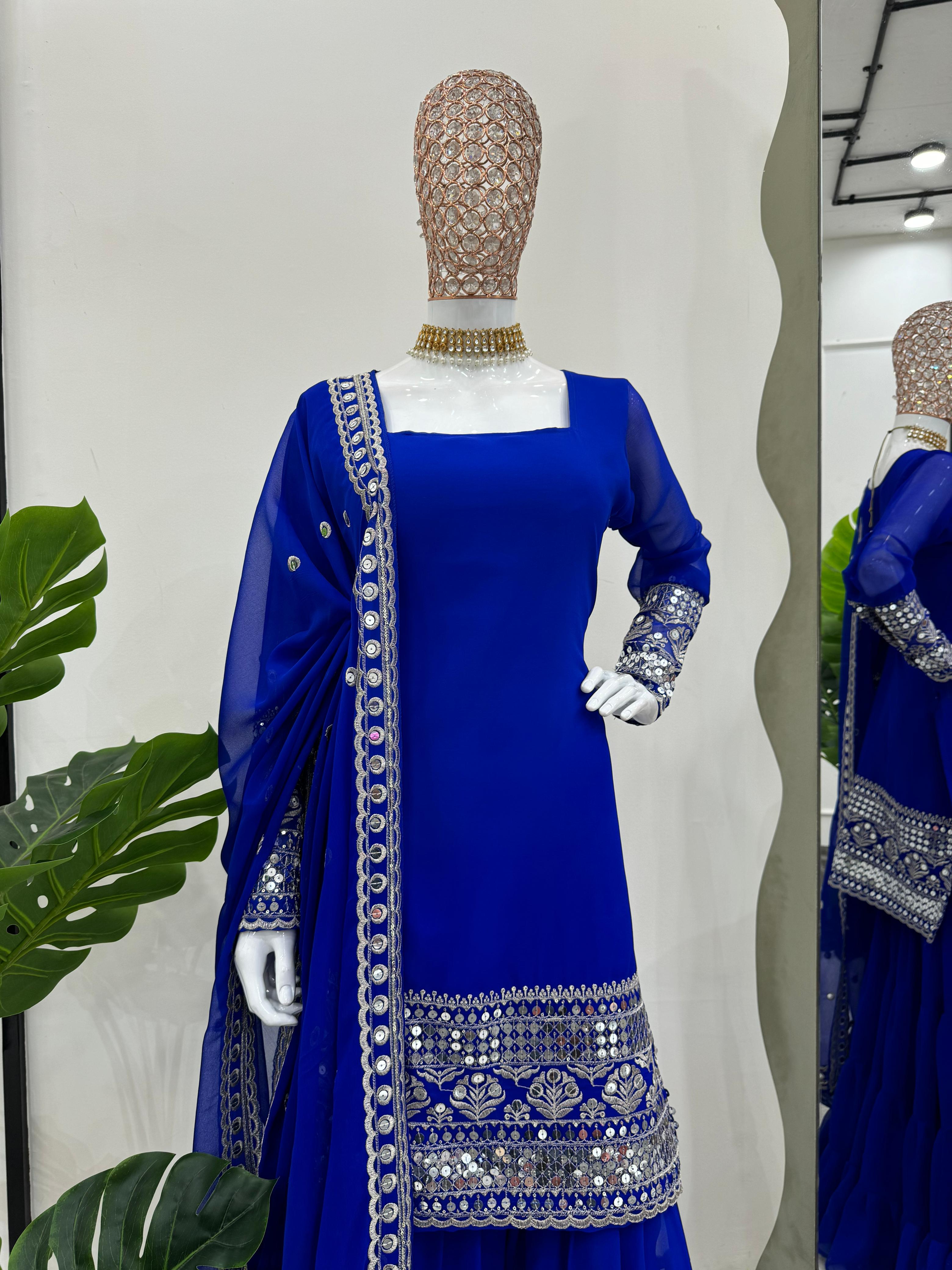 Stunning Blue Color Faux Georgette Thread With 9mm Sequence Work Beautiful Sharara Suit