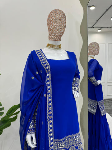 Stunning Blue Color Faux Georgette Thread With 9mm Sequence Work Beautiful Sharara Suit
