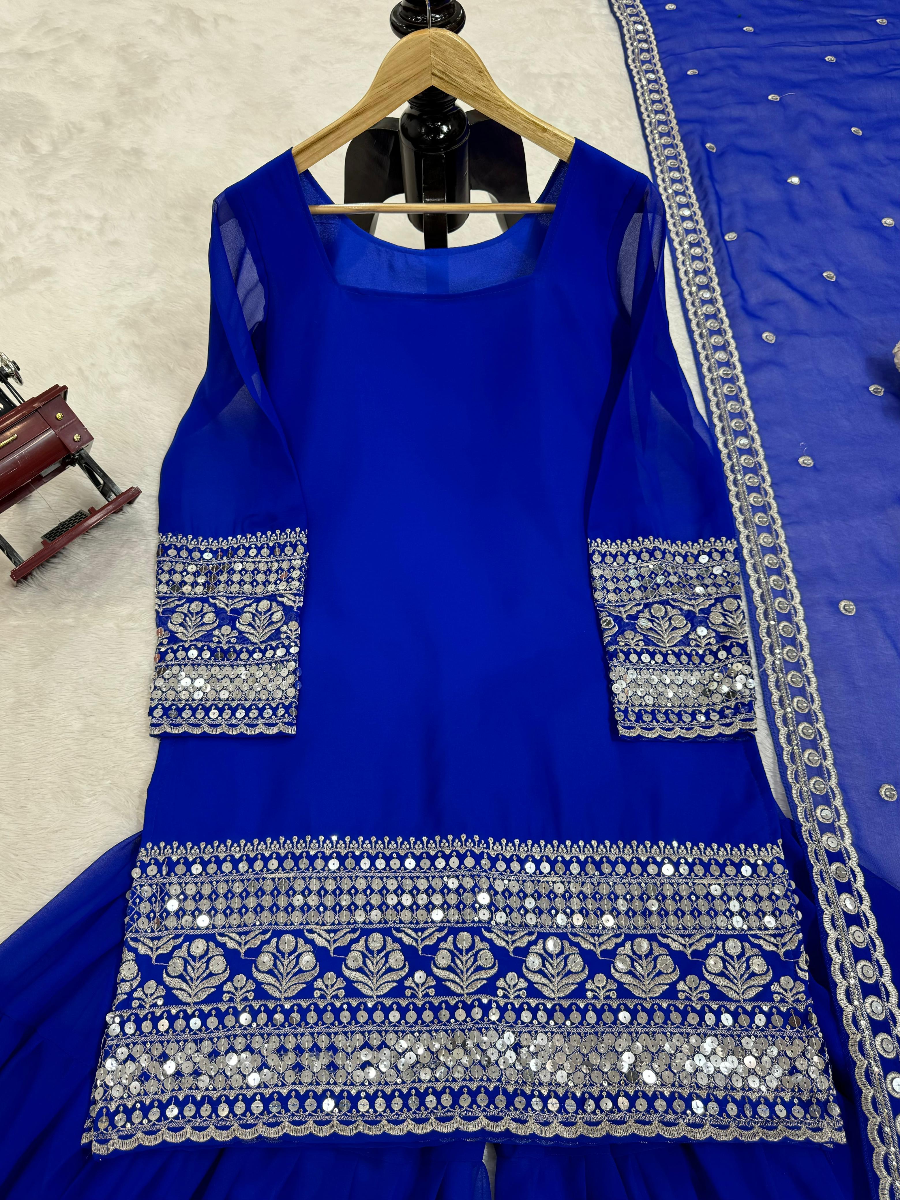 Stunning Blue Color Faux Georgette Thread With 9mm Sequence Work Beautiful Sharara Suit