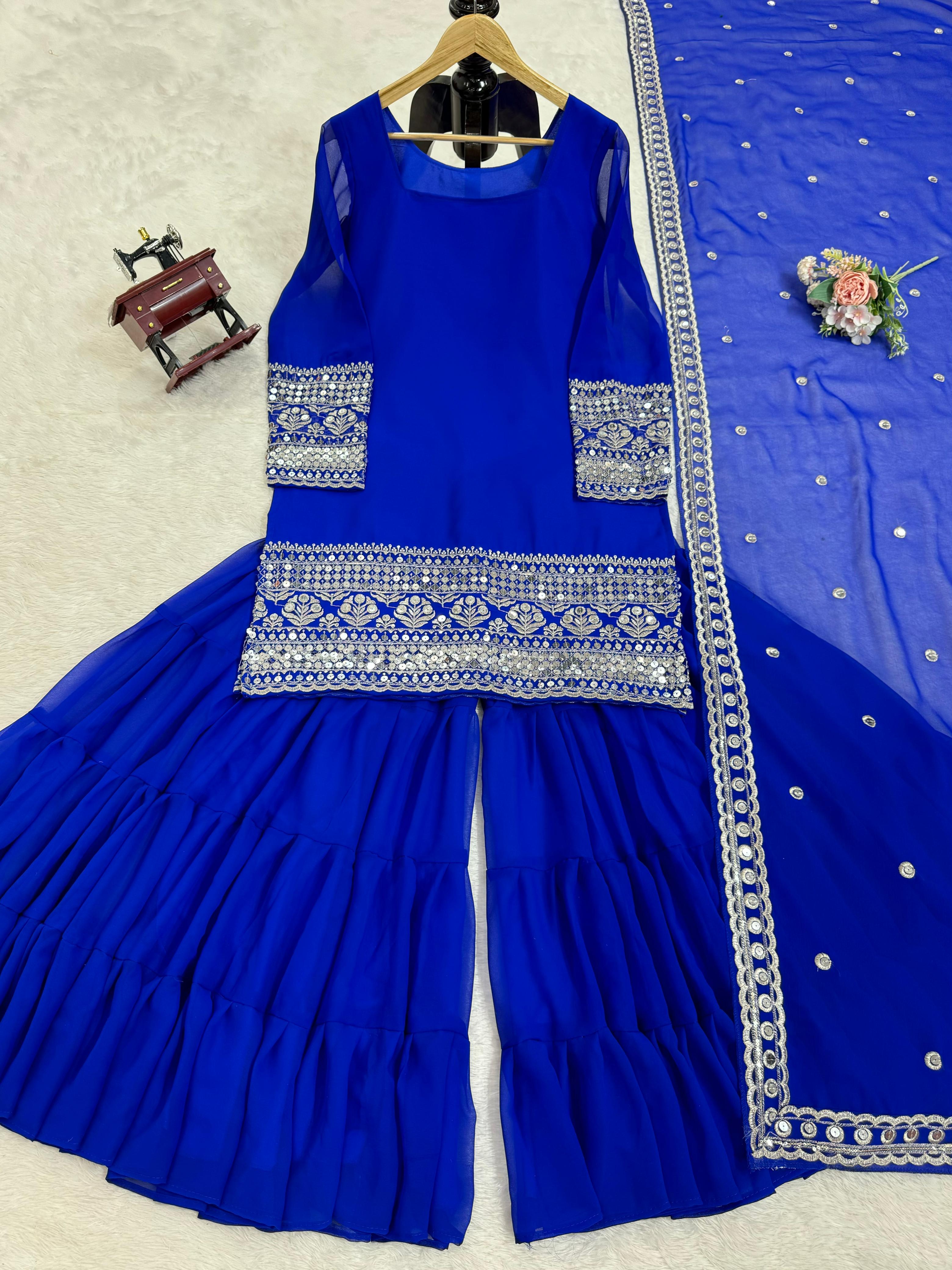 Stunning Blue Color Faux Georgette Thread With 9mm Sequence Work Beautiful Sharara Suit
