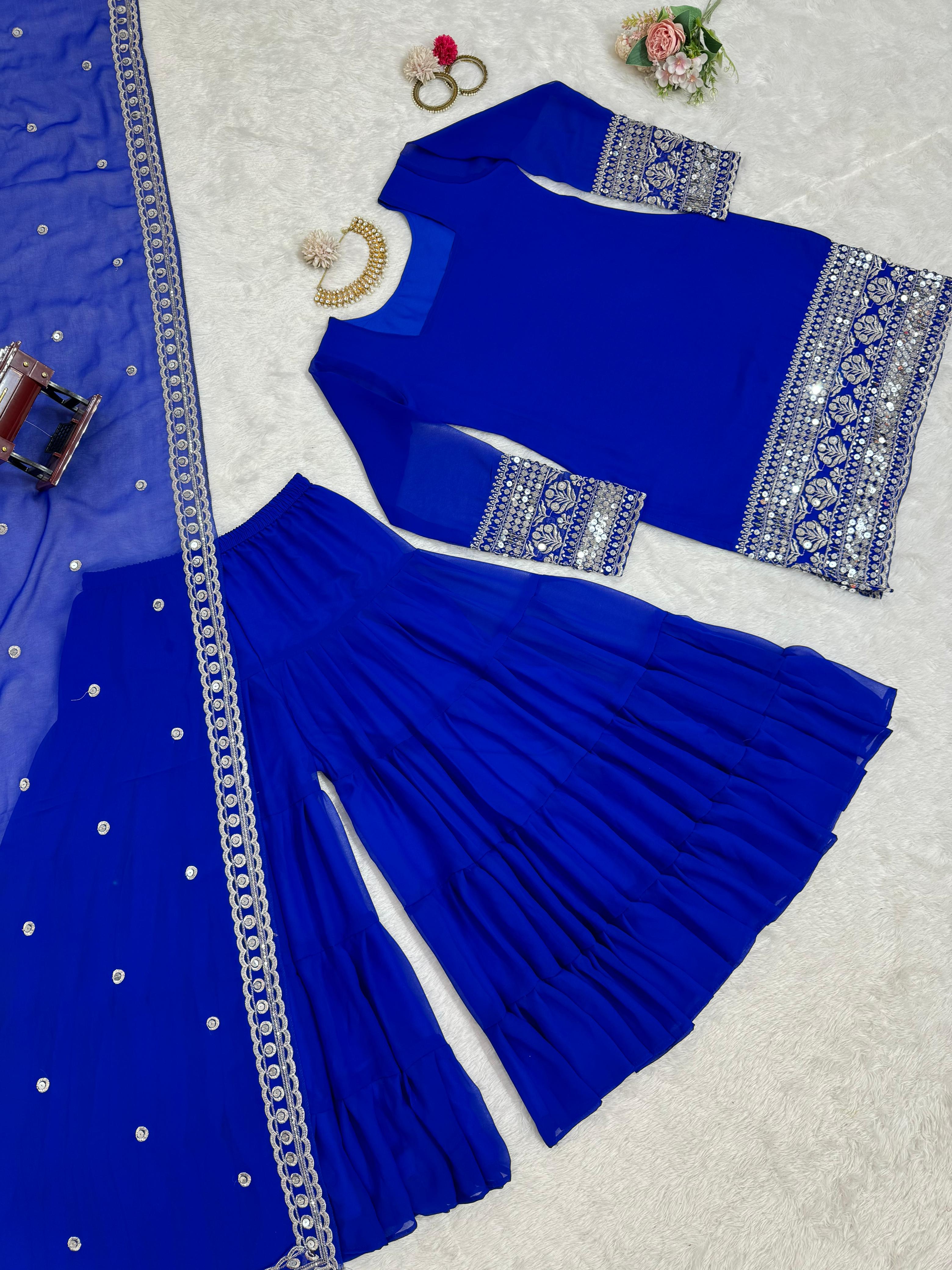 Stunning Blue Color Faux Georgette Thread With 9mm Sequence Work Beautiful Sharara Suit