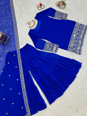 Stunning Blue Color Faux Georgette Thread With 9mm Sequence Work Beautiful Sharara Suit