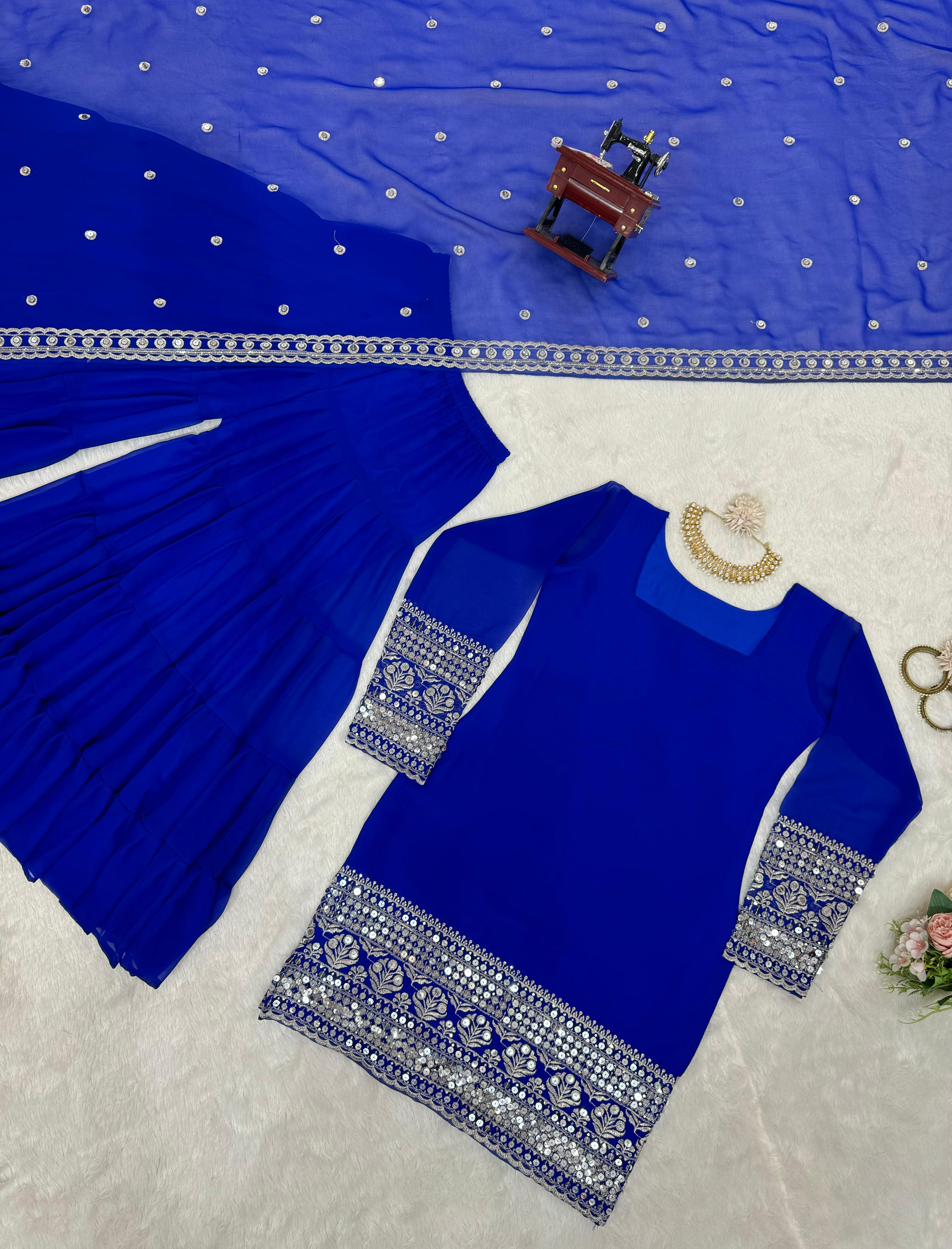 Stunning Blue Color Faux Georgette Thread With 9mm Sequence Work Beautiful Sharara Suit
