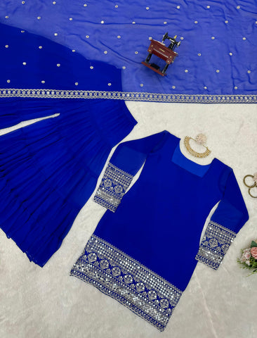 Stunning Blue Color Faux Georgette Thread With 9mm Sequence Work Beautiful Sharara Suit