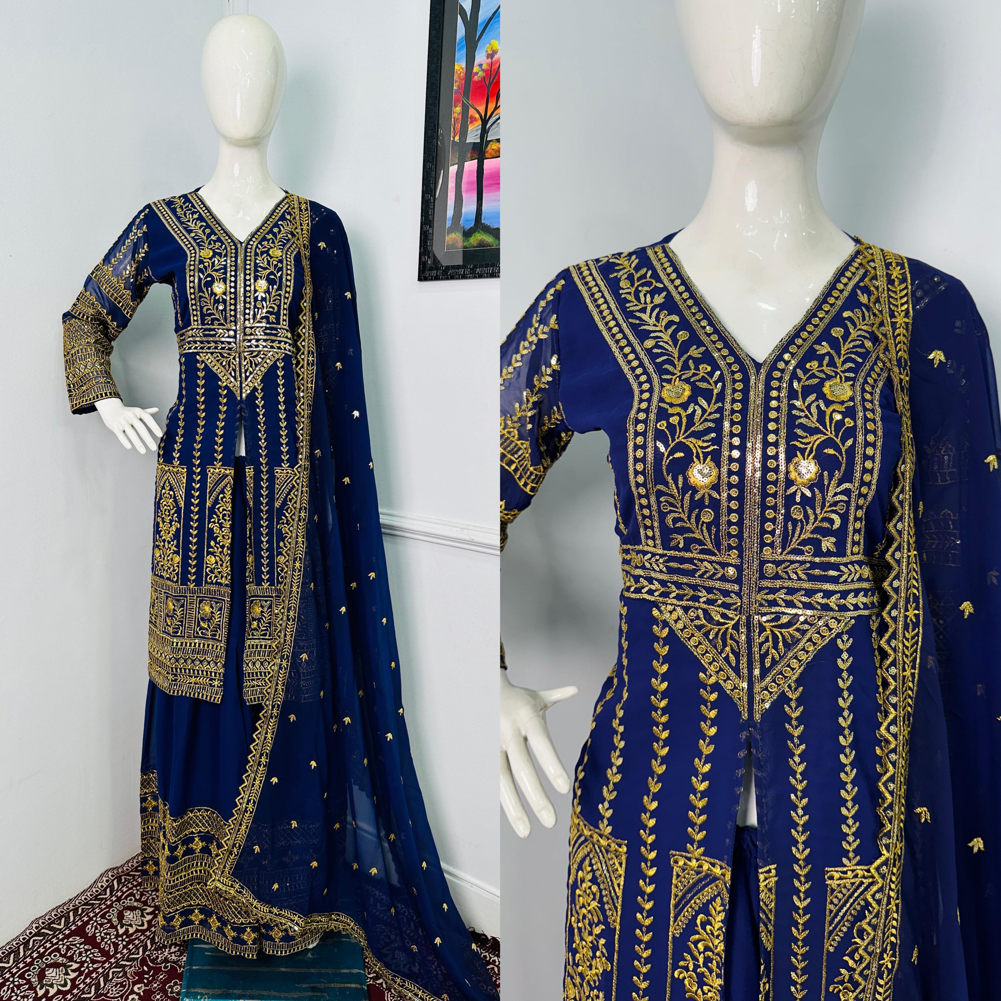 Good Looking Navy Color Color Georgette With Embroidery Work Designer Palazoo Suit