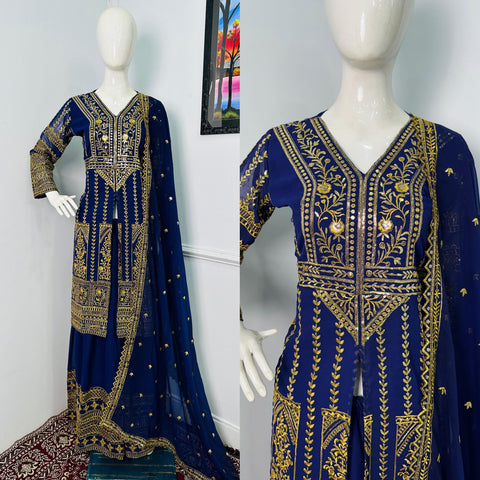 Good Looking Navy Color Color Georgette With Embroidery Work Designer Palazoo Suit