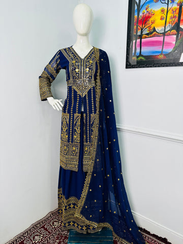Good Looking Navy Color Color Georgette With Embroidery Work Designer Palazoo Suit