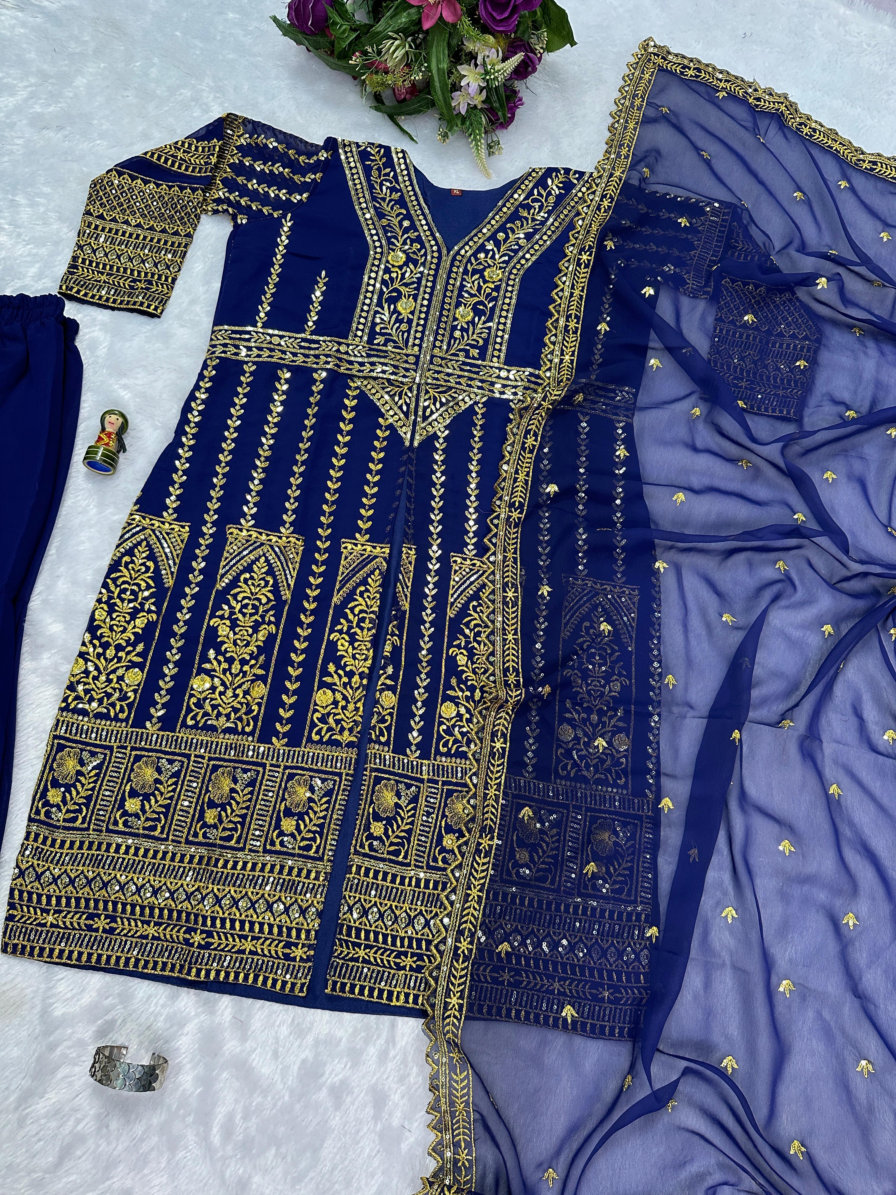 Good Looking Navy Color Color Georgette With Embroidery Work Designer Palazoo Suit