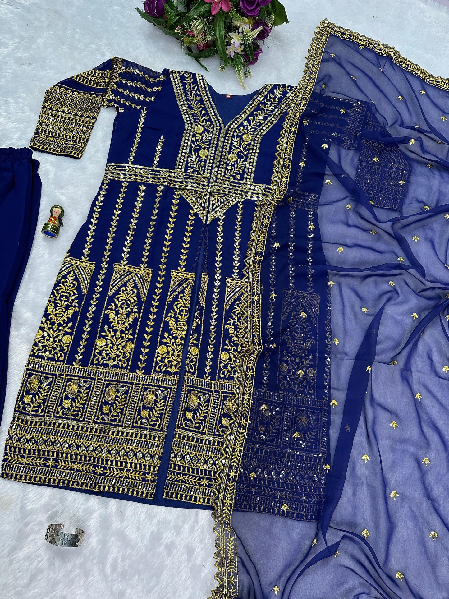 Good Looking Navy Color Color Georgette With Embroidery Work Designer Palazoo Suit