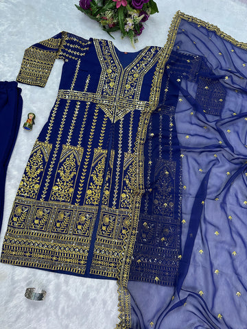Good Looking Navy Color Color Georgette With Embroidery Work Designer Palazoo Suit