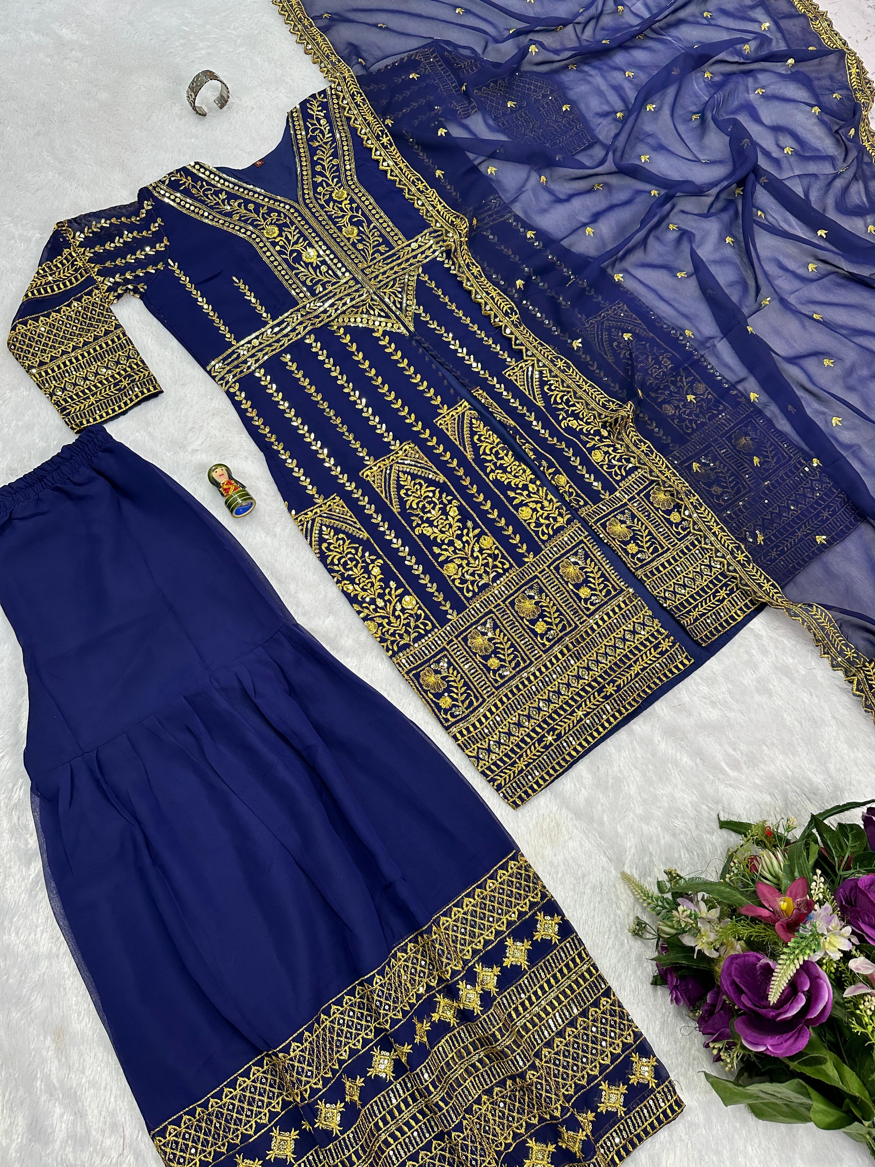 Good Looking Navy Color Color Georgette With Embroidery Work Designer Palazoo Suit