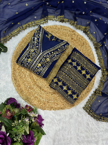 Good Looking Navy Color Color Georgette With Embroidery Work Designer Palazoo Suit