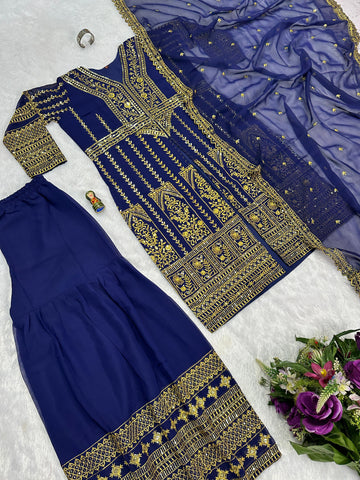 Good Looking Navy Color Color Georgette With Embroidery Work Designer Palazoo Suit