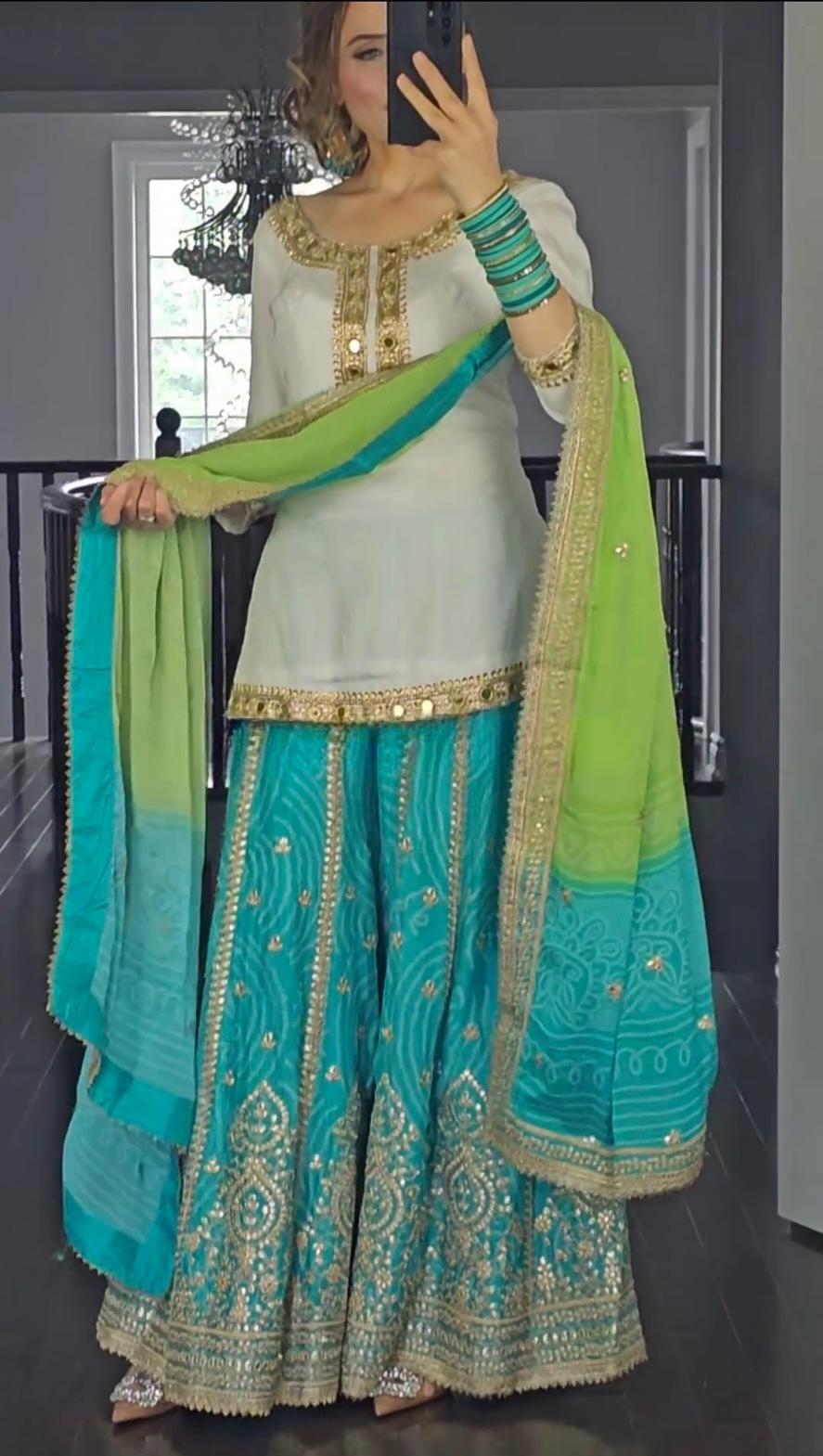 Wedding Wear White Color Heavy Malay Silk Fabric With Heavy Embroidery 5mm Sequence Work Sharara Suit