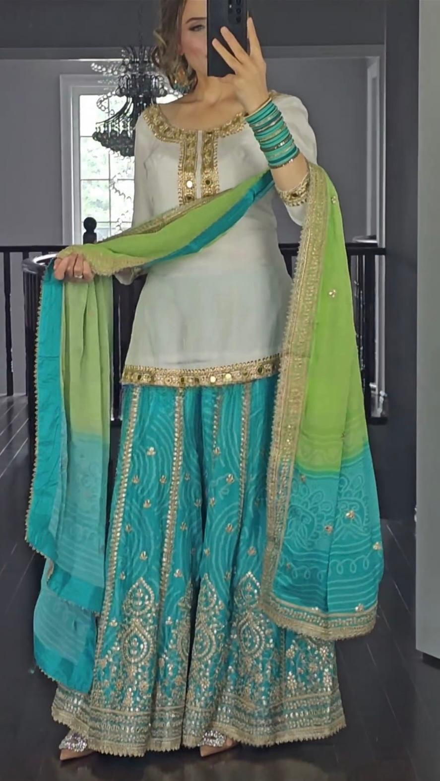Wedding Wear White Color Heavy Malay Silk Fabric With Heavy Embroidery 5mm Sequence Work Sharara Suit