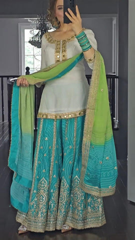 Wedding Wear White Color Heavy Malay Silk Fabric With Heavy Embroidery 5mm Sequence Work Sharara Suit