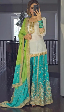 Wedding Wear White Color Heavy Malay Silk Fabric With Heavy Embroidery 5mm Sequence Work Sharara Suit