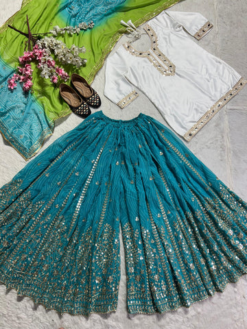 Wedding Wear White Color Heavy Malay Silk Fabric With Heavy Embroidery 5mm Sequence Work Sharara Suit
