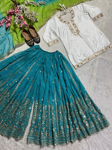 Wedding Wear White Color Heavy Malay Silk Fabric With Heavy Embroidery 5mm Sequence Work Sharara Suit