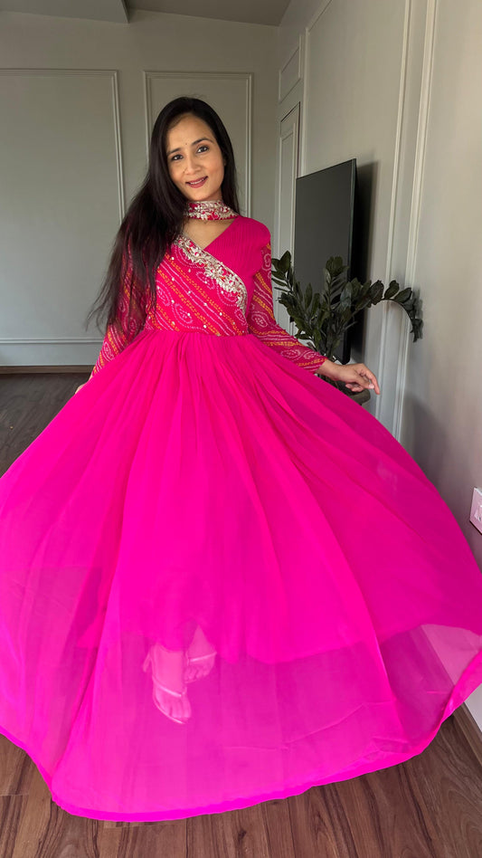 Luxuriant Pink Color Pure Bandhej With Faux Georgette And Sequence Embroidery Work Beautiful Gown