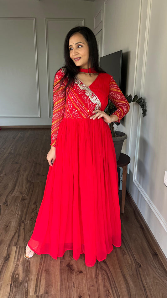 Luxuriant Red Color Pure Bandhej With Faux Georgette And Sequence Embroidery Work Beautiful Gown