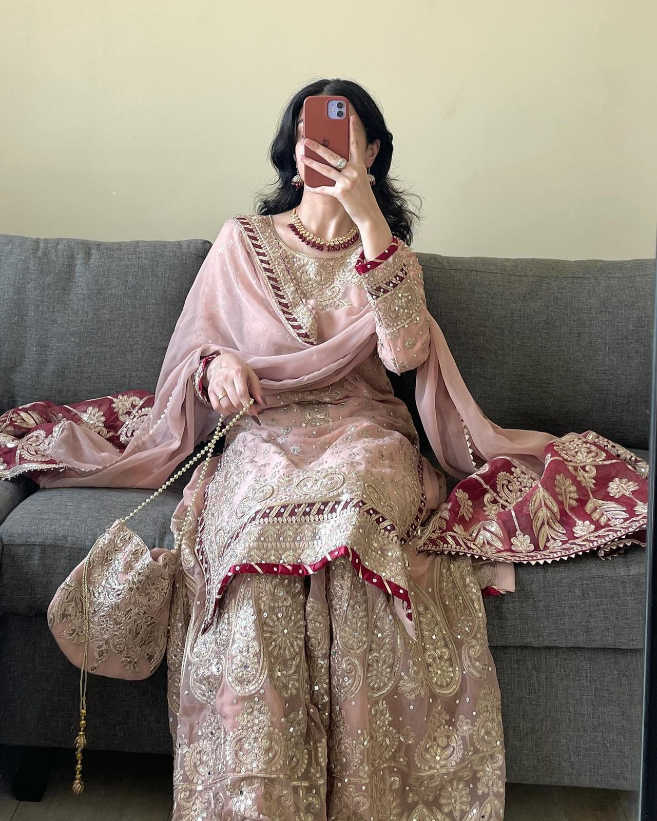 Wedding Wear Beige Color Faux Georgette Thread With Sequence And Rivet Moti Work Designer Sharara Suit