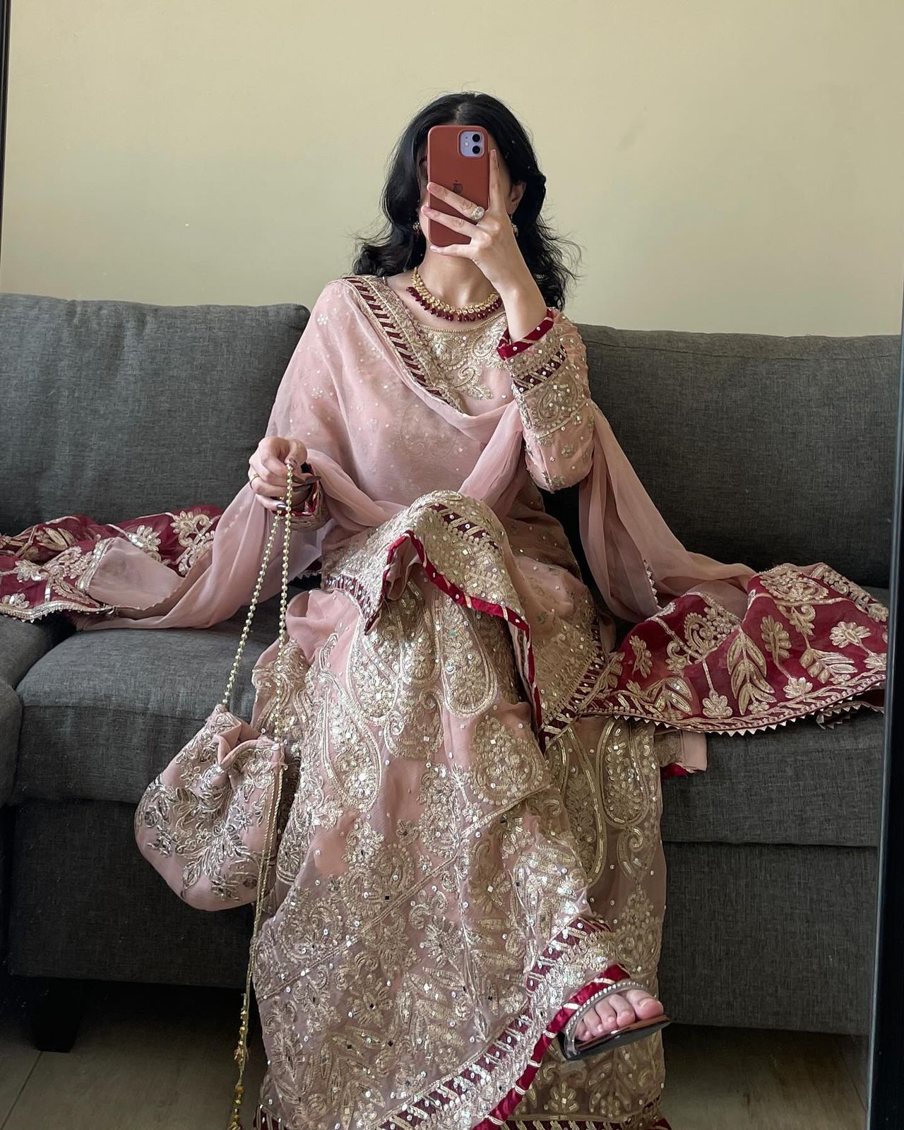 Wedding Wear Beige Color Faux Georgette Thread With Sequence And Rivet Moti Work Designer Sharara Suit