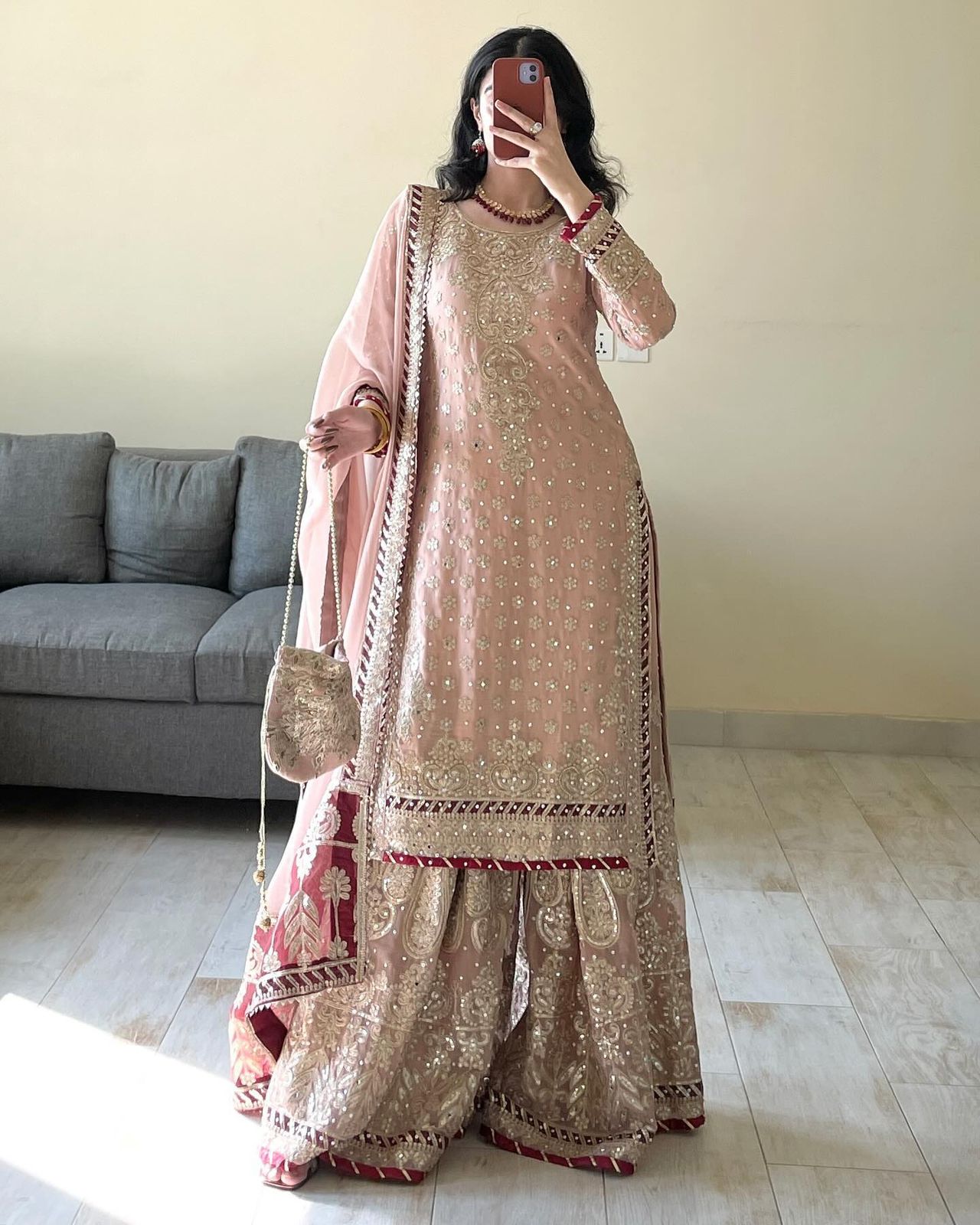 Wedding Wear Beige Color Faux Georgette Thread With Sequence And Rivet Moti Work Designer Sharara Suit